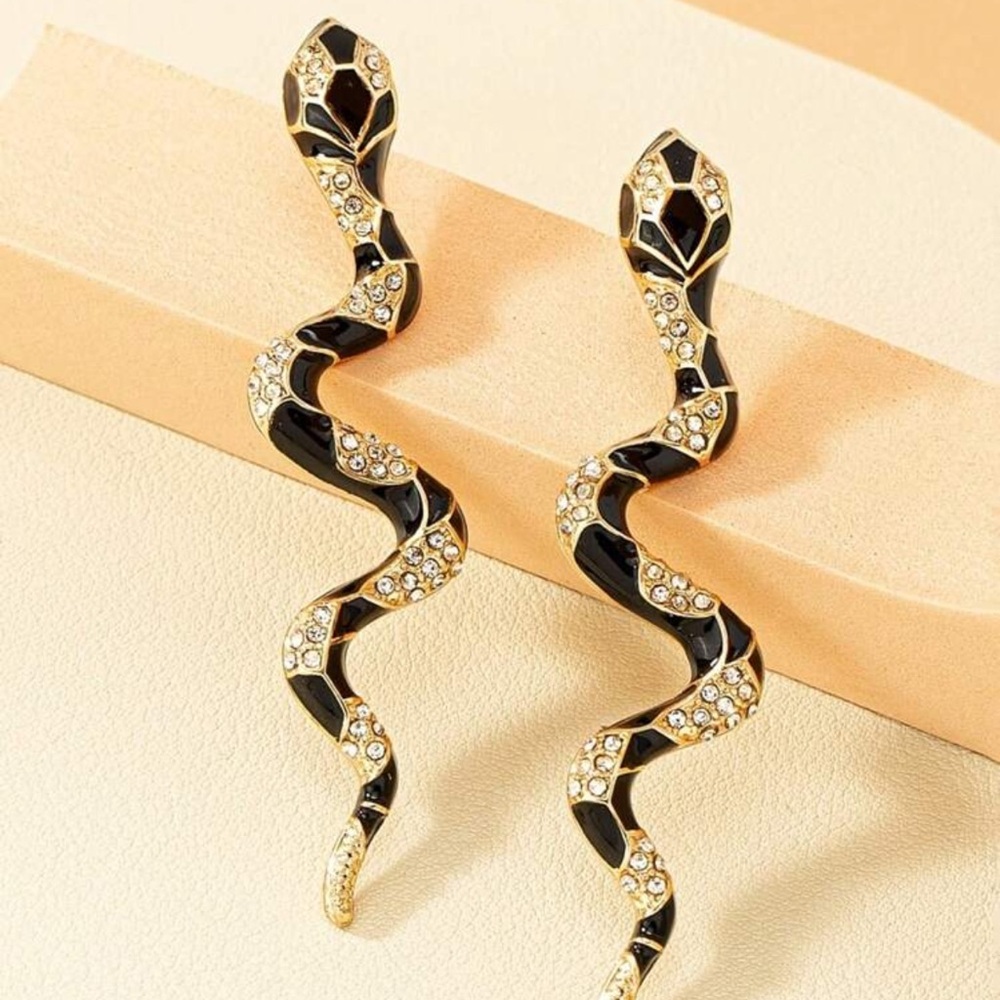 Elegant Black and Gold Snake Earrings, Gold and Black Snake Earrings - Picture 2 of 6